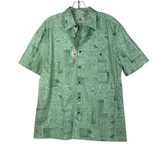 Island Shores Mens Medium Green Tonal Fish Geometric Hawaiian Shirt NWT